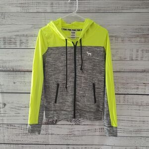 PINK Victoria’s Secret Ultimate Full Zip Hoodie Neon Yellow Gray Small NWT